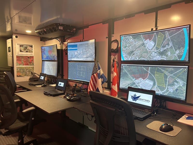 Command and control workstations with multiple screens inside an APEX unit