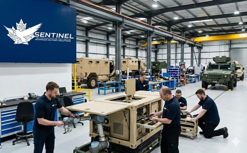 Three technicians assembling a field unit on the Sentinel shop floor