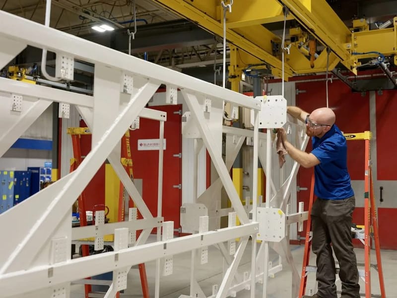 Technician on a ladder assembling a white metal frame