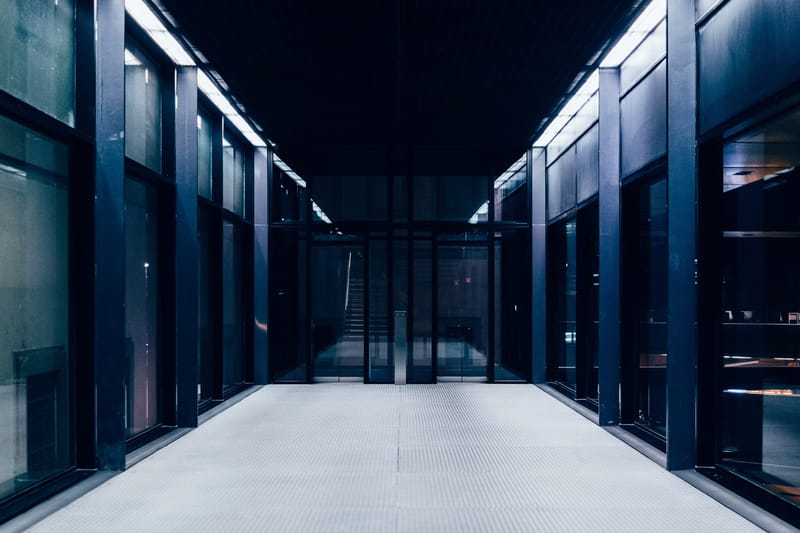Corridor of server racks in a data center